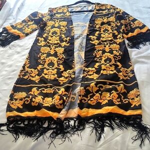 Elegant Black and Gold Women's Kimono With Fringe On Sleeves and Bottom Of Hem